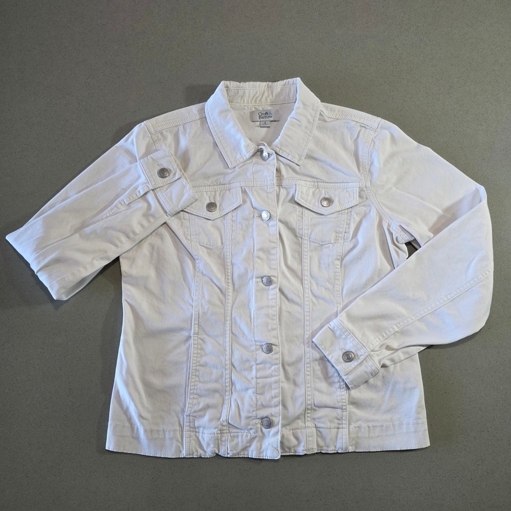 Croft & Barrow Womens White Denim Trucker Jacket Size Small Button Up Stretch